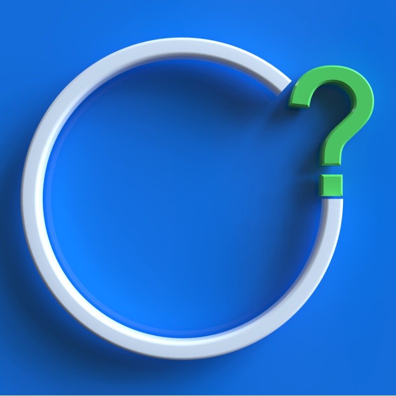 Bright blue background with white circle and green question mark